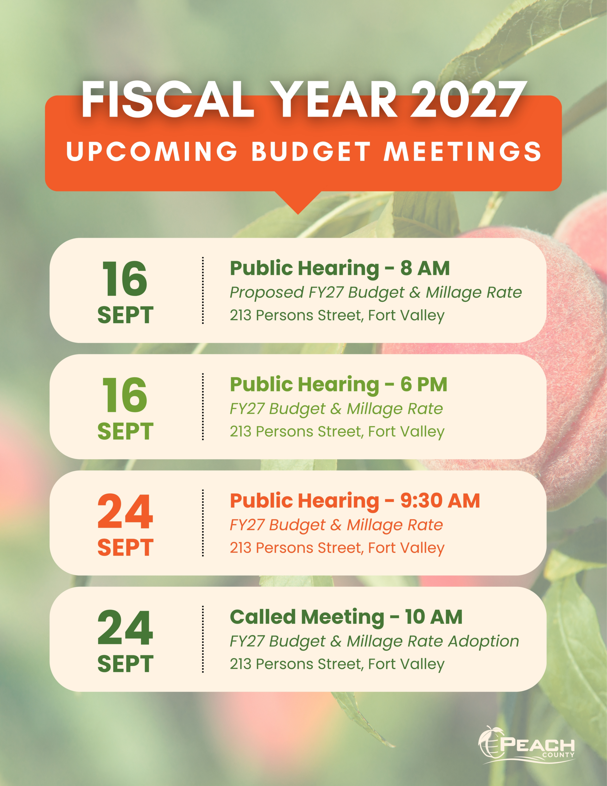 Peach County Fiscal Year 2027 Upcoming Budget Meetings
